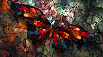 Digital fractal art design of a flower or butterfly in stained glass 
