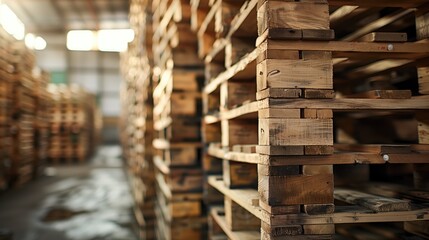 Fototapeta premium Wooden pallet stacked in empty warehouse closeup