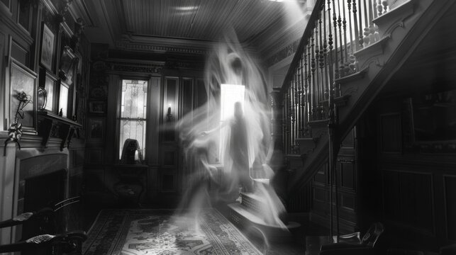 ghost or specter inside a house in the black and white room
