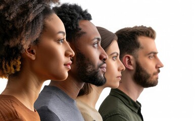 Portrait of a multiethnic group of people standing in a row looking to the side isolated on a white background with copy space, in profile view.