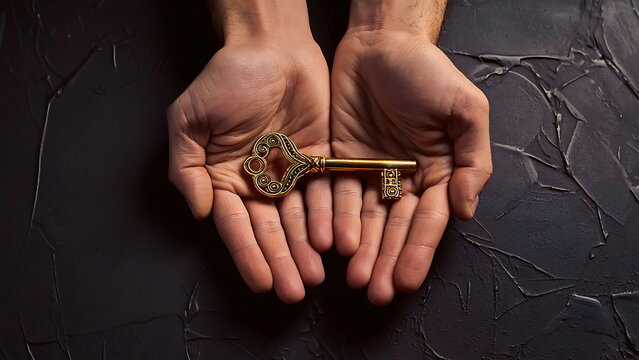 Symbol of Access and Discovery Illustrated by Hands Holding Antique Key