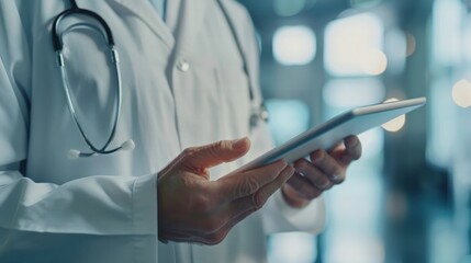 Doctor with Digital Tablet: Depict a close-up photo of a doctor holding a digital tablet, reviewing patient records or medical data. 
