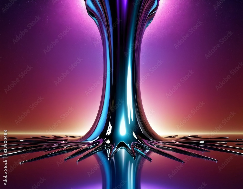 Poster a digital art piece featuring reflective metallic fluid in a symmetrical explosion against a gradien