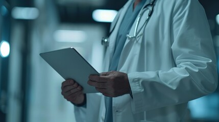 Doctor with Digital Tablet: Depict a close-up photo of a doctor holding a digital tablet, reviewing patient records or medical data. 