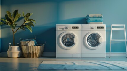 Coin operated washing machine businessA coin-operated washing machine with a stack of laundry baskets nearby.