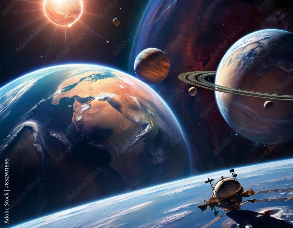 Poster a spacecraft orbits an earth-like planet with a diverse array of celestial neighbors under the watch