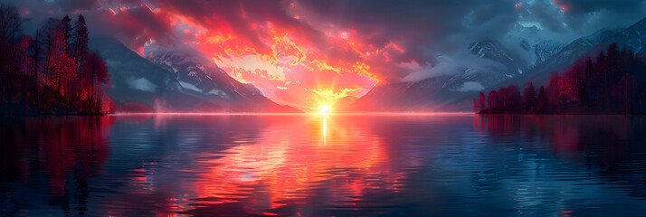 Fototapeta premium A nature fjord during sunset, the sky ablaze with colors, and the water reflecting the hues