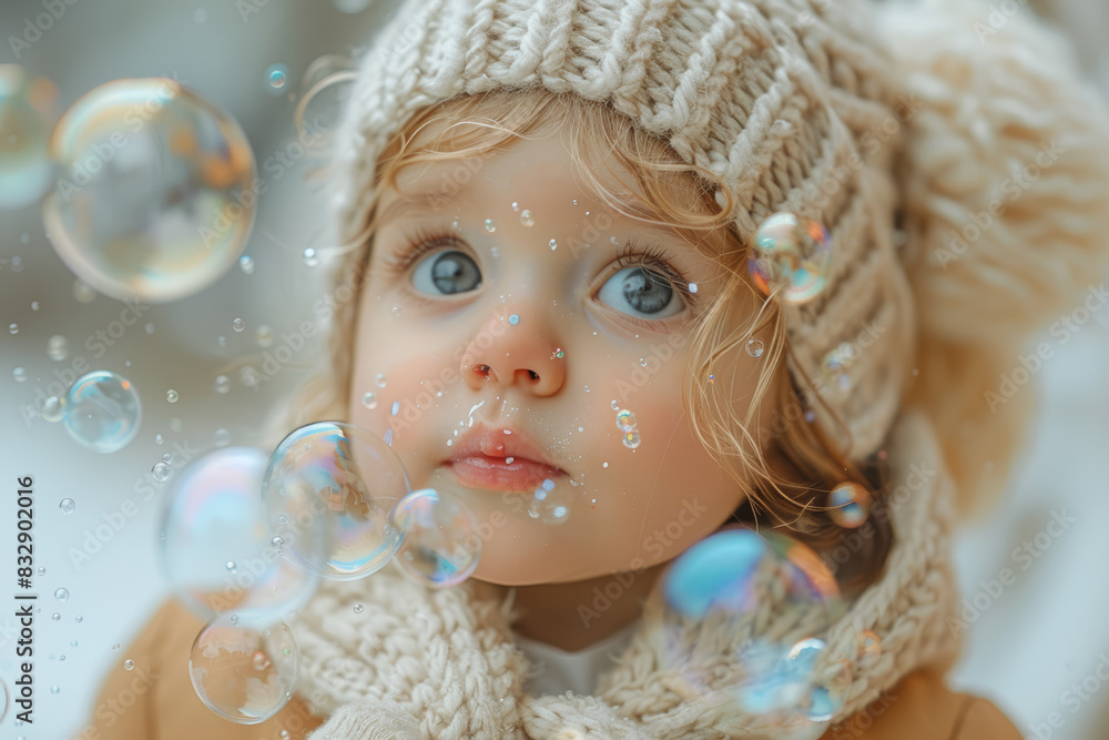 Poster a parent blowing bubbles for their baby to chase and pop. concept of sensory play and visual stimula