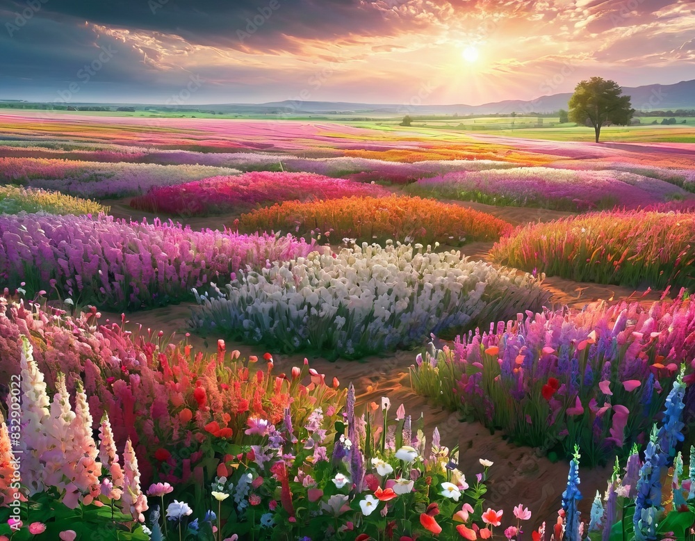 Poster a vibrant carpet of blooming flowers in a field, under the soft light of a setting sun with distant 