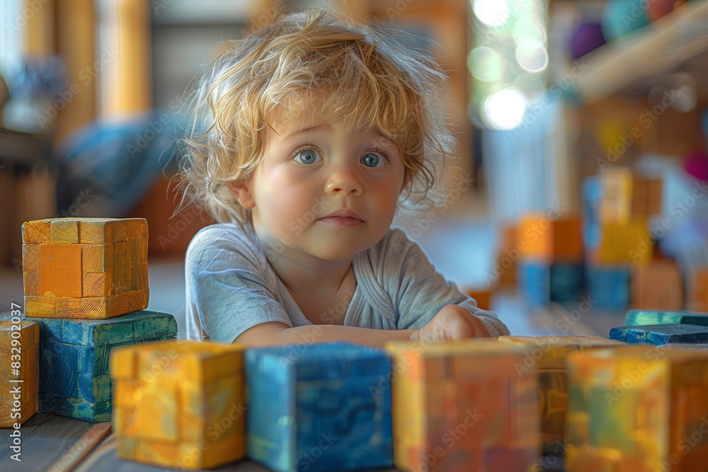 Poster a toddler building a tower with colorful blocks. concept of fine motor skills and creativity in play