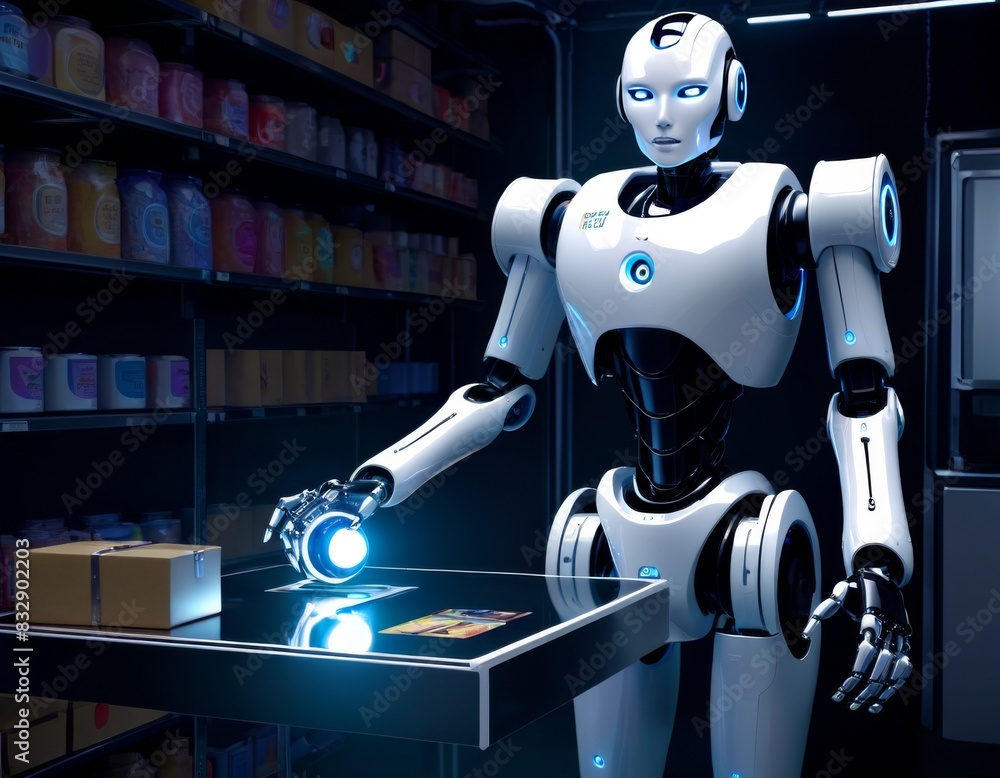 Poster a humanoid robot efficiently scans inventory items with a handheld device in a modern warehouse sett