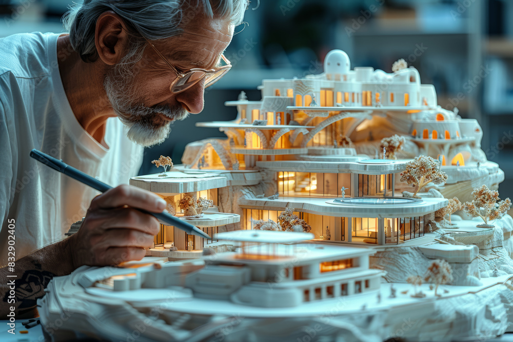 Poster an architect designing a building, envisioning spaces that blend form and function in innovative way