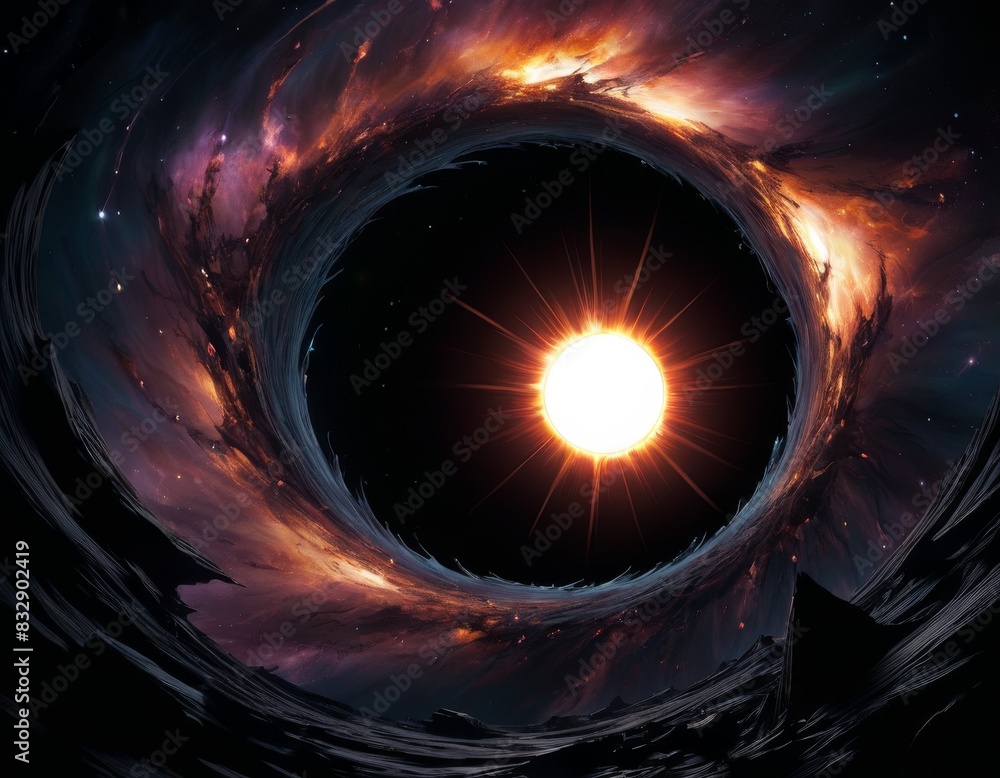 Poster a stunning visualisation shows a black hole's accretion disk as it pulls in matter, emitting a brigh