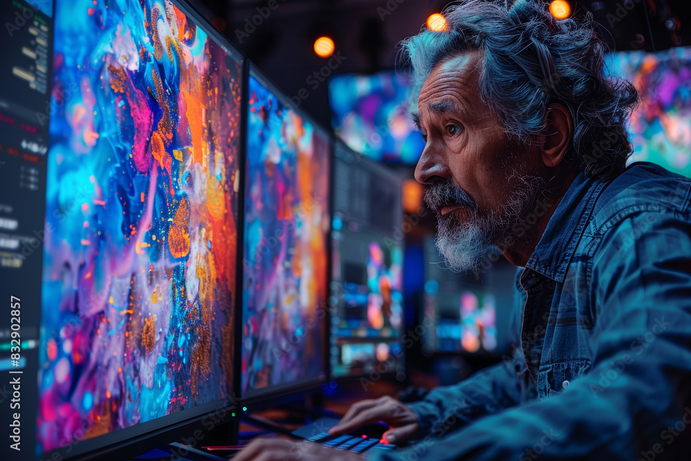 Poster a graphic designer creating visually stunning illustrations, blending artistry with digital technolo