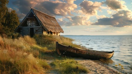 An ancient Pomeranian hut by the sea with a wooden longboat in front bathed in natural light