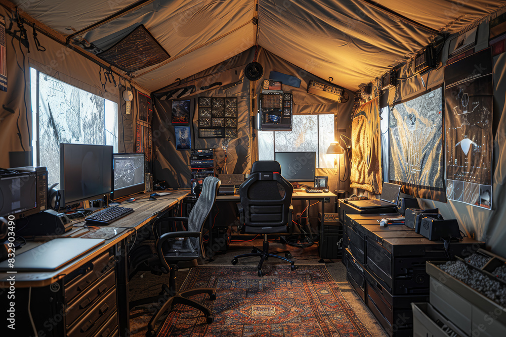 Poster mobile command center coordinating battlefield operations with real-time intelligence and communicat