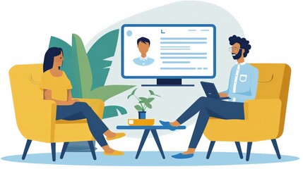 Online Mental Health Therapy Session: Illustrate a virtual mental health therapy session with a therapist and a patient.