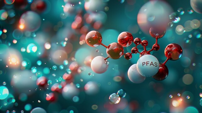 3D image style, Chemical molecule close up with sign PFAS on blue-green background, concept of pollution and health risk, banner