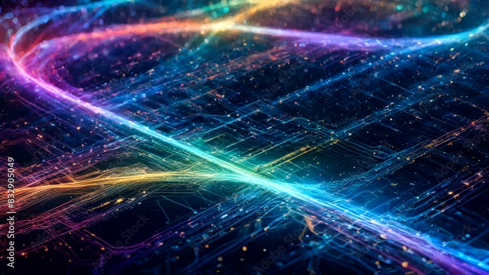 Poster a colorful, abstract image of a cityscape with a rainbow-colored line running through it. concept of