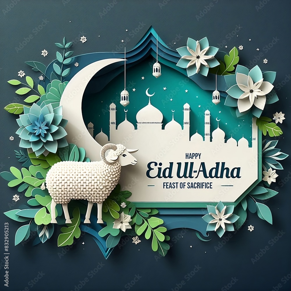 Wall mural eid ul-adha text greeting card for eid al-adha (feast of the sacrifice) with shee vector illustratio