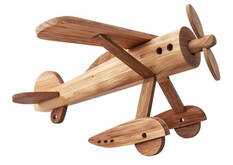 Wooden toy airplane isolated on white background, detailed photo, jpg