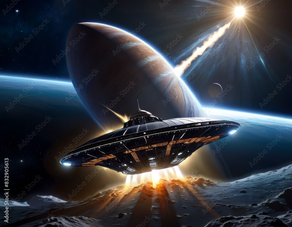 Poster a majestic sci-fi scene featuring a spaceship orbiting a massive gas giant with moons and a distant 