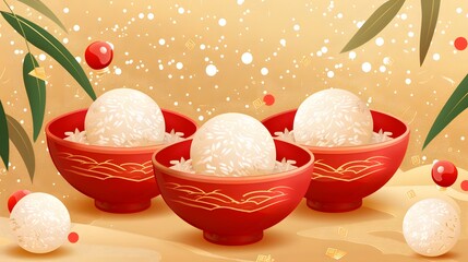 Tangyuan rice balls. Red bowl icon with food on a gold background. Traditional Asian cuisine. Happy dragon boat festival with cute rice dumplings.
