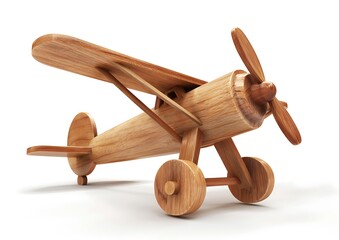 Wooden toy airplane isolated on white background, detailed photo, jpg