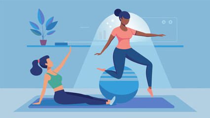A woman practices her balance and core strength on a stability ball guided by a holographic personal trainer projected above her.. Vector illustration