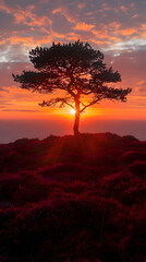 A nature heathland scene with a lone tree silhouetted against the setting sun, the sky glowing with vibrant colors