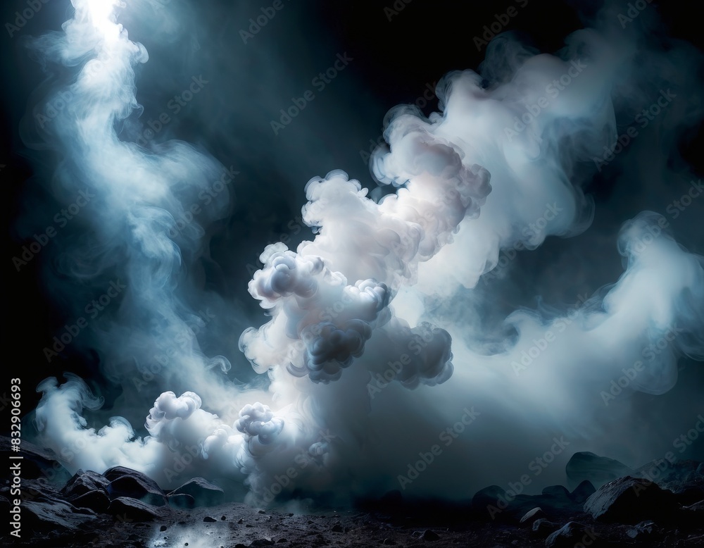 Poster plumes of thick smoke create an otherworldly landscape, with dynamic movement and a monochromatic pa