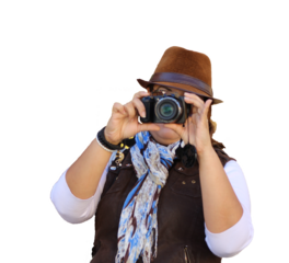 Latin woman taking a photo with DSRL camera wearing a hat with white background