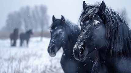 Friesian horses in black coats noticeable in chilly winter conditions