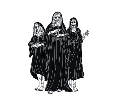Vector illustration of forkiads. Three blind old women. Mythical creature. One eye for three.   Fantastic character. archaic goddesses. Ancient Greek mythology. Blind Witches