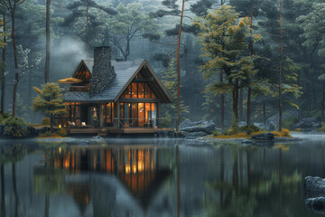 Fototapeta premium nature retreat, tranquil lakeside cabin nestled amidst tall trees with chirping birds, embodying the peace of countryside living