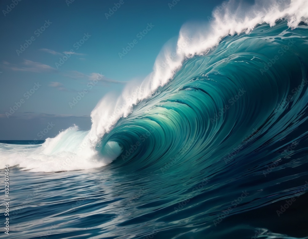 Poster a dramatic image capturing the raw power of a towering aqua wave as it curls and crashes into the se
