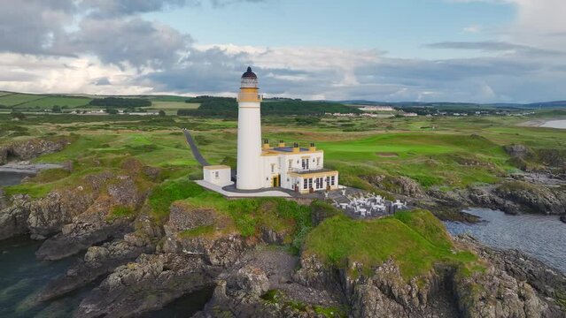Turnberry Lighthouse from a drone, Turnberry Point Lighthouse, Trump Turnberry Golf Resort, South Ayrshire Coast, Scotland, UK
