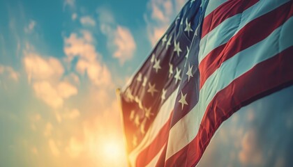 American flag waving with sunset sky, symbolizing patriotism, freedom, and national pride, against a beautiful cloudy sky background.