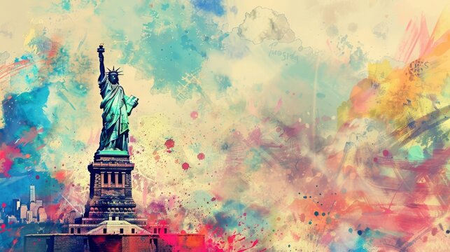 Colorful artistic illustration of the Statue of Liberty with a vibrant, abstract background. A dynamic representation of freedom and creativity.