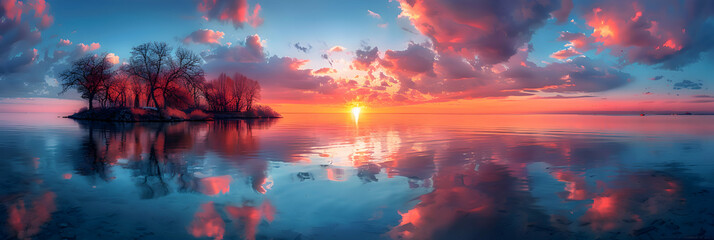 Fototapeta premium A nature island during sunset, the sky ablaze with colors, and the water reflecting the hues