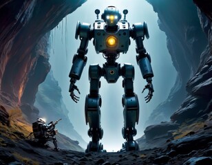 A towering robot with glowing lights explores a vast cavern beside a tiny human, presenting a dramatic scale contrast and the thrill of exploration.. AI Generation