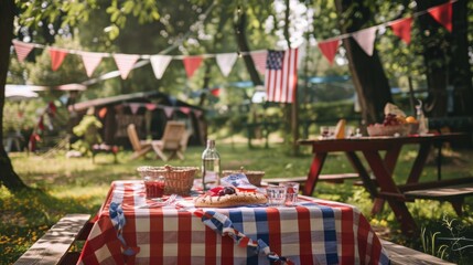 Obraz premium Festive outdoor picnic setup with a checkered tablecloth, flags, and food on a sunny day in a park.