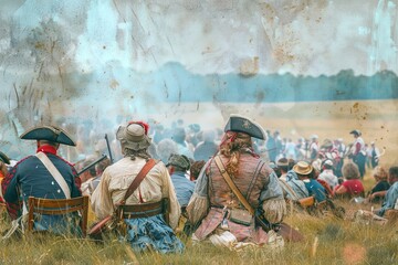 Historical reenactment scene with actors depicting a battle from the past, dressed in period costumes and gathered in an open field.