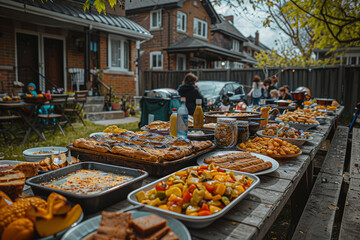 A neighborhood block party on a sunny afternoon, with residents coming together for games, food, and laughter. Concept of community spirit and neighborly bonds. Generative Ai.