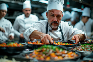 A cooking class in a culinary school, where aspiring chefs learn new techniques and recipes from a seasoned instructor. Concept of culinary education and gastronomic exploration. Generative Ai.