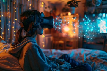 Obraz premium A young girl sits in a cozy room wearing a virtual reality headset, fully immersed in a digital world.