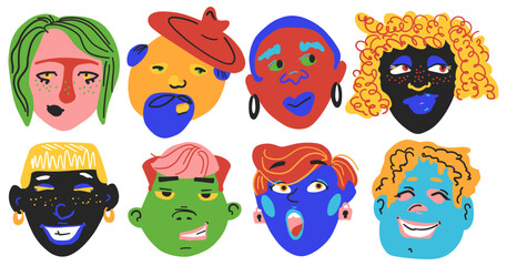 Diverse men and women portraits set. Trendy stylish people avatar. Different age, race, hairstyles, emotions. Contemporary cartoon faces. Abstract hand drawn collection. Isolated vector illustration