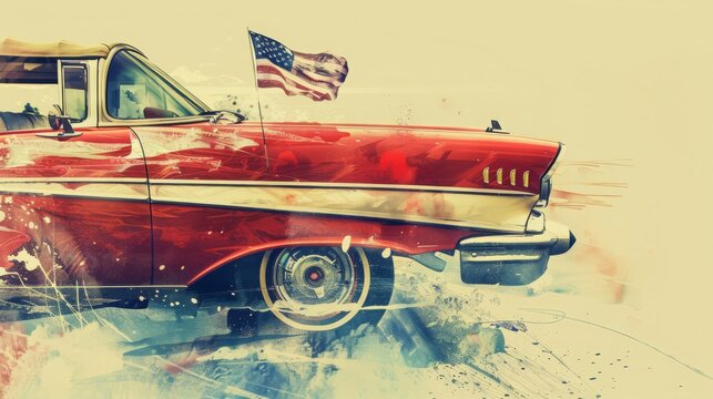 Vintage red American car illustration with USA flag, evoking nostalgia and patriotic vibes in a timeless artistic style.