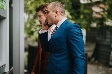 Two businessmen in suits experience an ATM withdrawal problem, with one on the phone seeking assistance. Outdoor setting with greenery in the background.