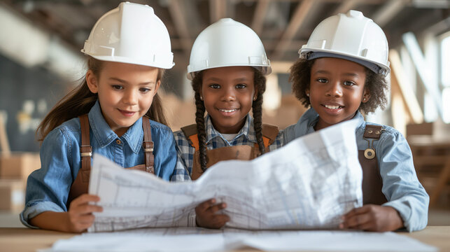 Three young girls wearing hard hats are standing together, closely examining a blueprint